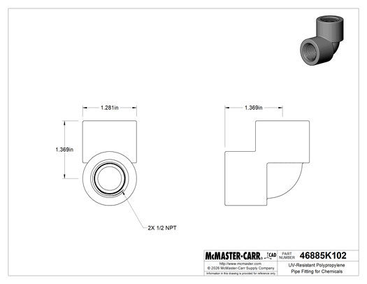 Technical drawing of UV-Resistant Polypropylene Pipe Fitting for Chemicals, 90 Degree Elbow Connector, 1/2 NPT Female.